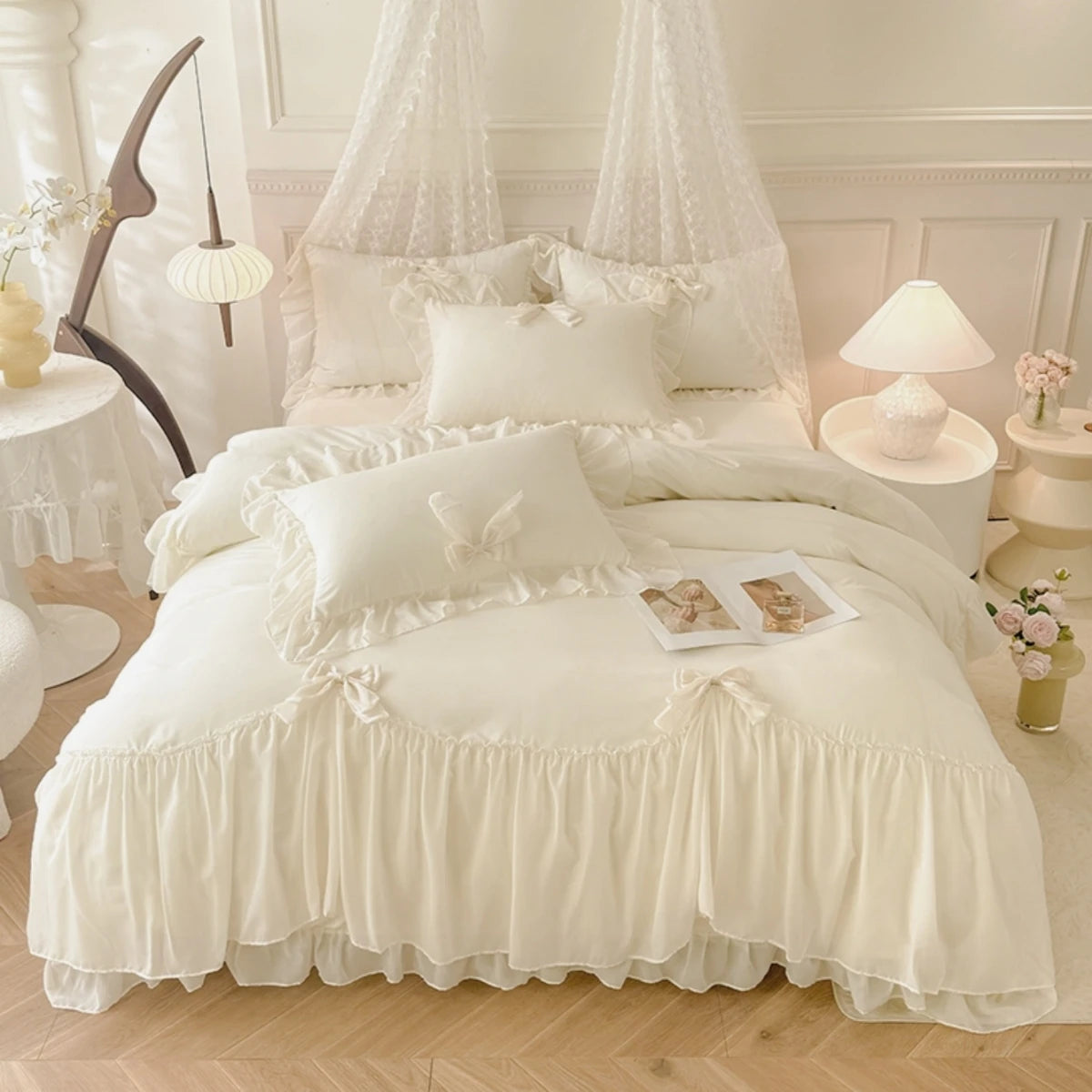 3pcs White Bedding set ruffles Duvet Cover